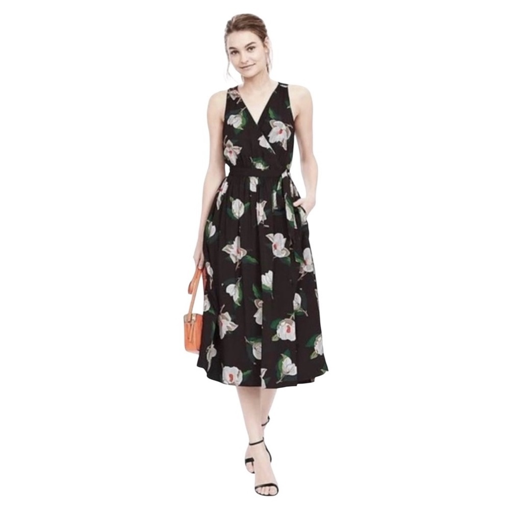 Banana Republic Magnolia Midi Floral Black Sleeveless Wrap Dress.